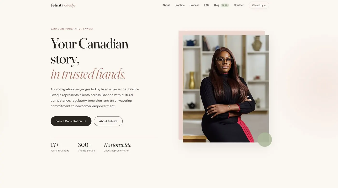 Le site web réalisé pour Felicita Ovadje, avocate canadienne en droit de l'immigration